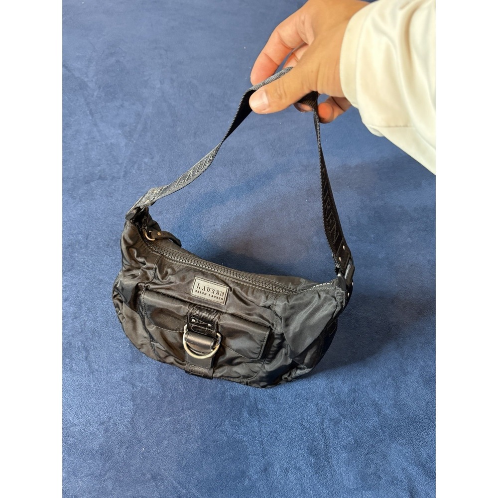 Lauren Ralph Lauren Vtg Black Nylon Crescent Shoulder Bag W Silver Hardware
